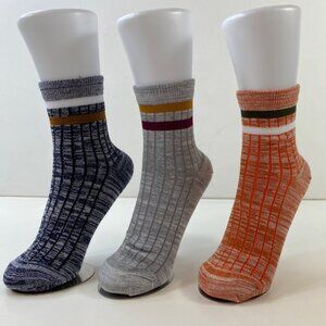 Unisex Colorful Ribbed Striped Crew Socks 3-Pack Blue Gray Orange